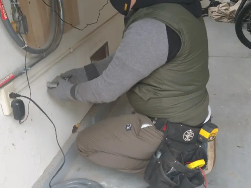 Electrician performing outlet wiring in a Riviera Beach garage